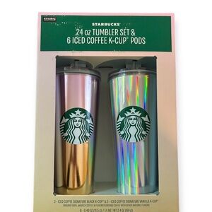 New Starbucks  Gold and Silver Tumbler Set and 6 iced coffee k-pods
